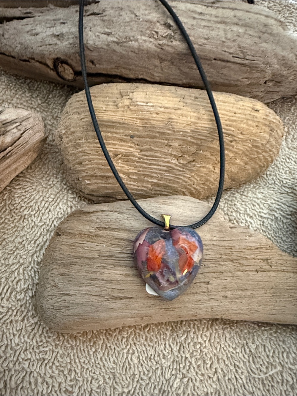 Hand Crafted Heart Pendant Necklace in Purple and Orange Flowers Set in Resin